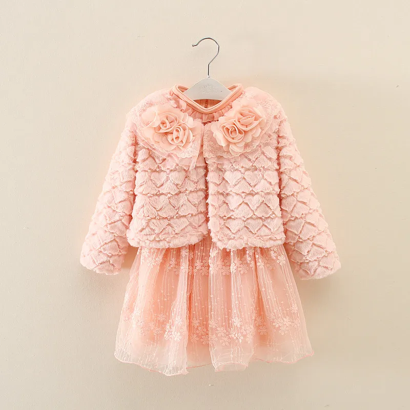 2017 Baby Girls Dress Winter Garment Fashion Fur Coat+ Lace Dress Long