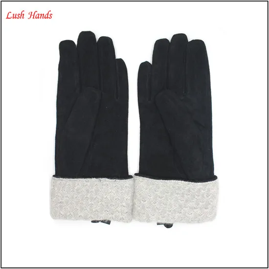 hot sales women's pigsuede leather gloves with kintted details