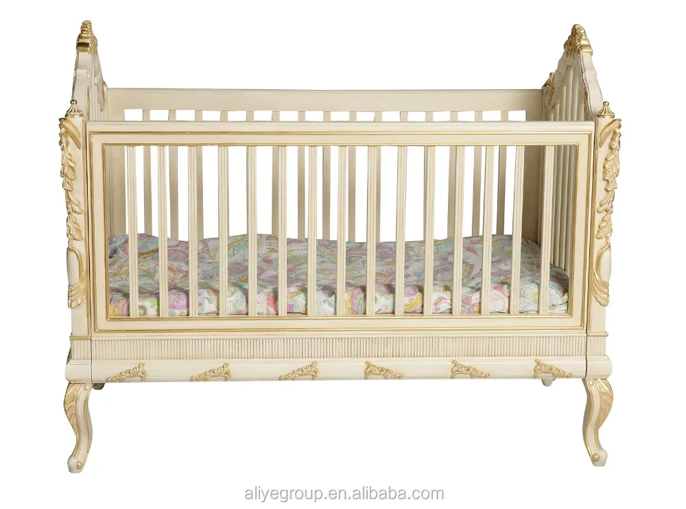 Ak29 Luxury Wooden Baby Crib Royal Golden Hand Carving New Born