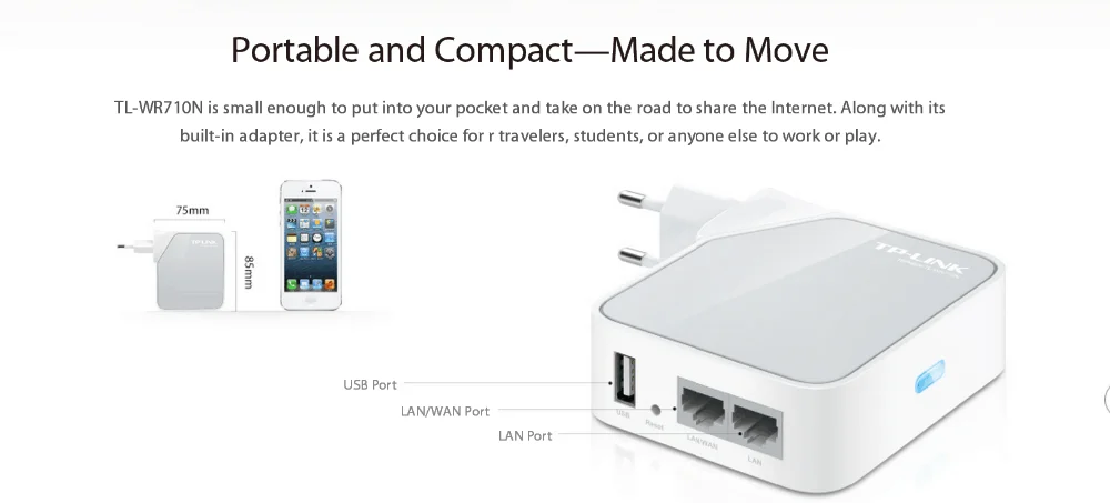 Wi-Fi Pocket Router/AP/TV Adapter/Repeater TL-WR710N