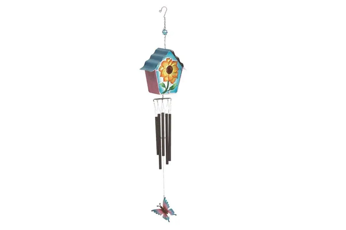 Metal and Glass Wind Chime Beautiful Butterfly & Flower Birdhouse Design Chimes Home and Garden Hanging Ornament 39" Long (Blue Butterfly)
