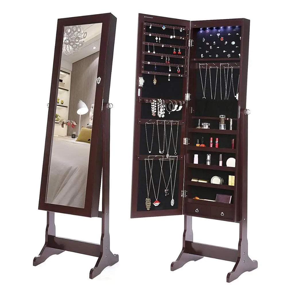 Oem Wood Mirrored Standing Jewelry Cabinet With Full Length Mirror
