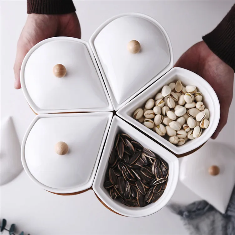 Tableware compartment cheap ceramic candy cookie lazy susan plate with lid 