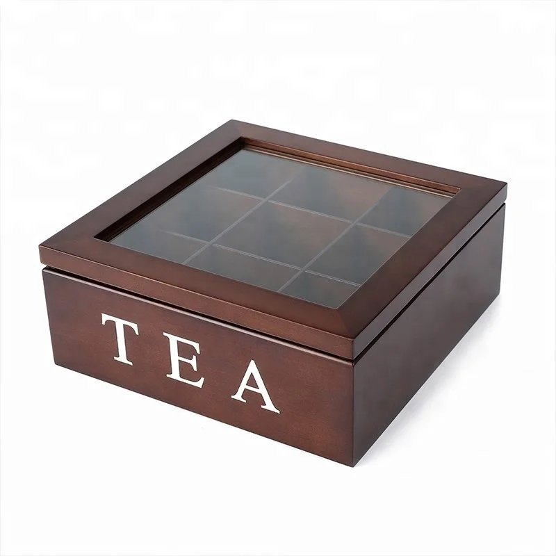 Rustic Style Wooden Tea Storage Chest Tea Bag Box With 9 Compartments