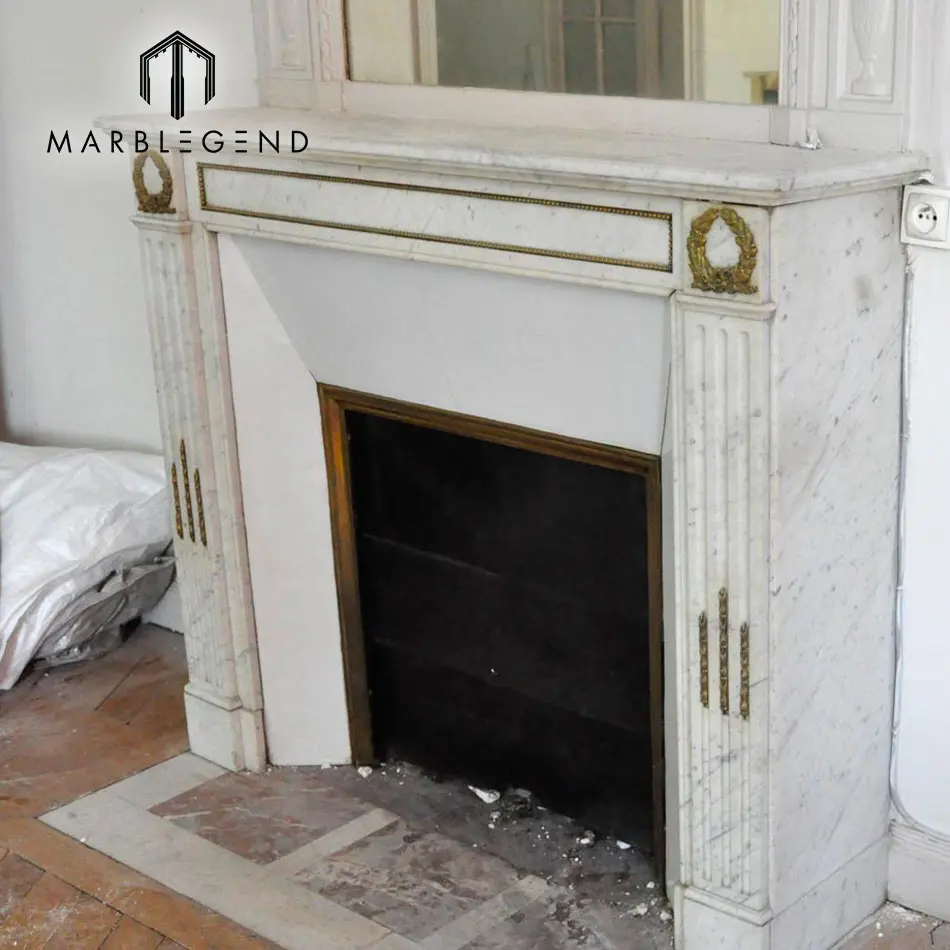 Luxury Bronze Ornaments Carrara White Corner Marble Fireplace