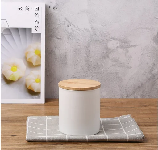 Home goods cylinder white ceramic canister containers / tea coffee sugar canister set with wood lid .PNG
