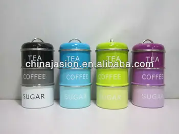 Set Of 3 Stacking Enamel Black Blue Green Purple Tin Coffee Tea Set Of 3 Stacking Enamel Black Blue Green Purple Tin Coffee Tea Sugar Storage Tins New