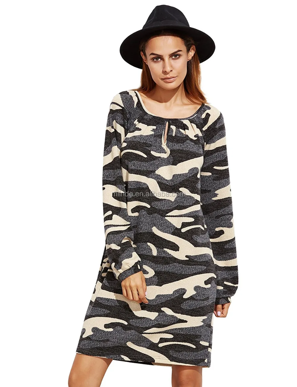 Women's Round Neck Camouflage Dresses Long Sleeve Casual Loose Camo ...