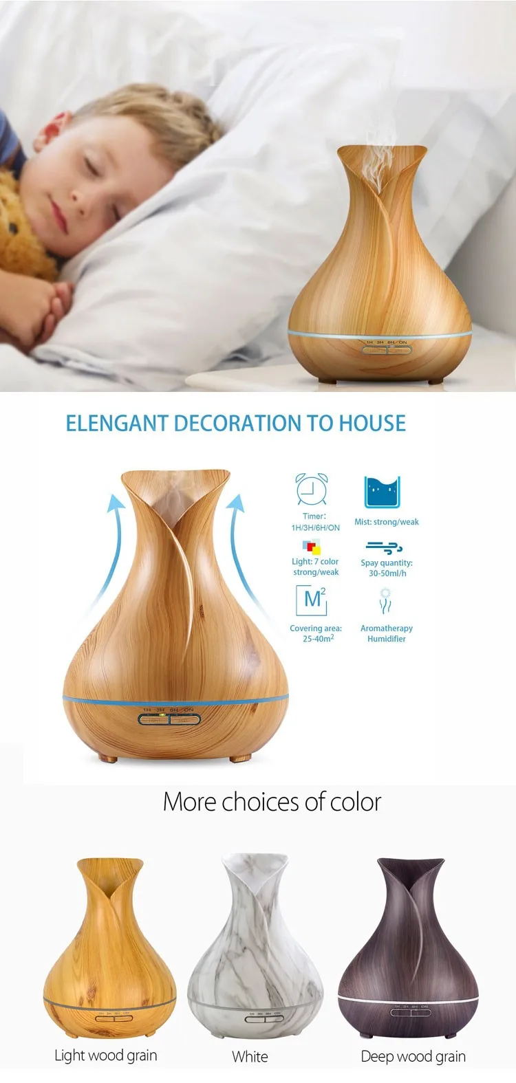 Aromacare 400ml Ultrasonic Wood Grain Humidifier and Oil Diffuser