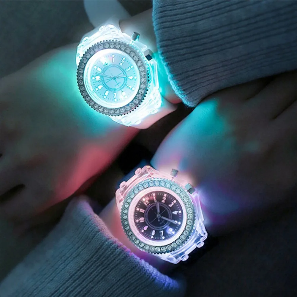 led flash luminous watch personality trends students lovers jellies woman men's watches 7 color light wristwatch