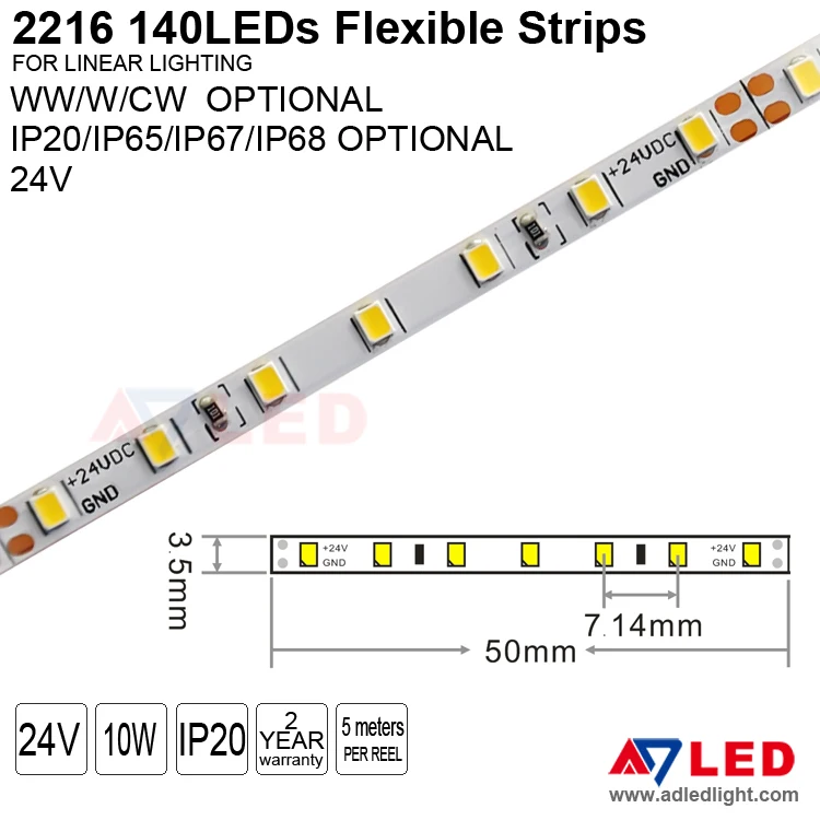 High brightness smd 2216 140led/m 24v IP20 3mm ultra slim tape led strip for cabinet
