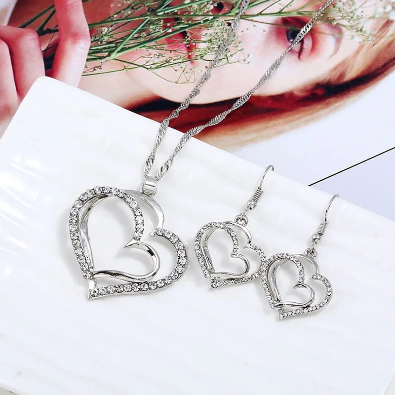 Handmade Jewelry Sets Earring And Necklace Set With Double Heart Charm