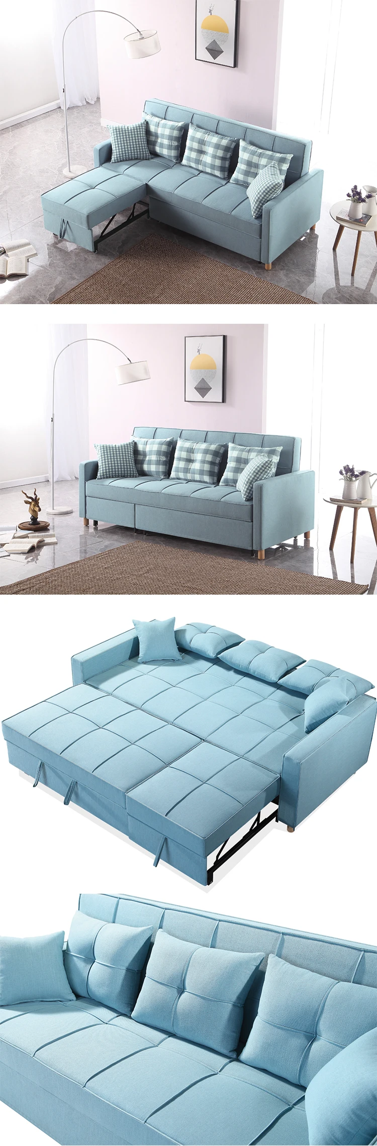 l shape corner blue fabric pull out iron sofa bed for sale, View 