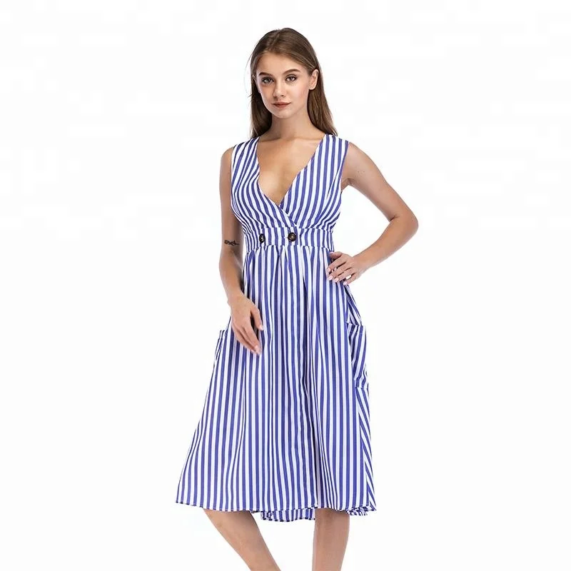 
Deep V-neck Sleeveless Cardigan Striped Dress 