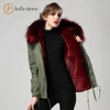 Top quality pretty winter autumn style fox fur lining coat raccoon fur hooded long jacket parka for women