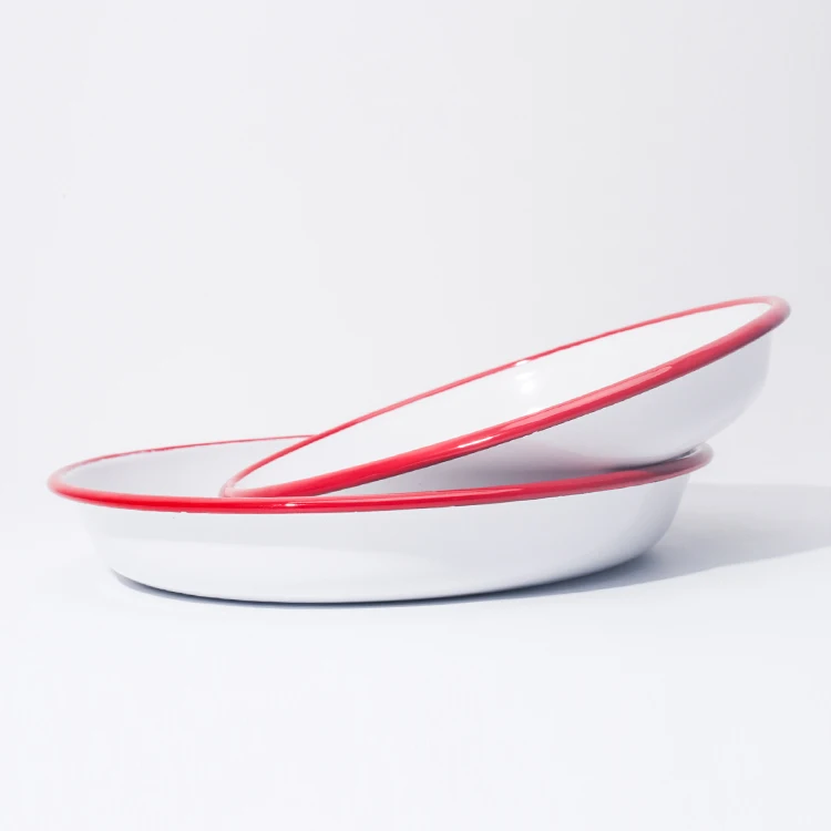 Outdoor Camping Enamelware Dinner Plate solid White With Blue Rim