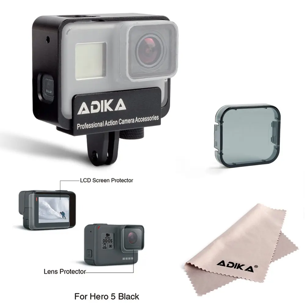 ADIKA CNC Aluminum Alloy Frame for Gopro Hero 5 Black Metal Protective Case Housing Cover for Gopro Hero 5 Action Camera Accessories with Screen Protector Film Set and Grey Camera Lens Filter