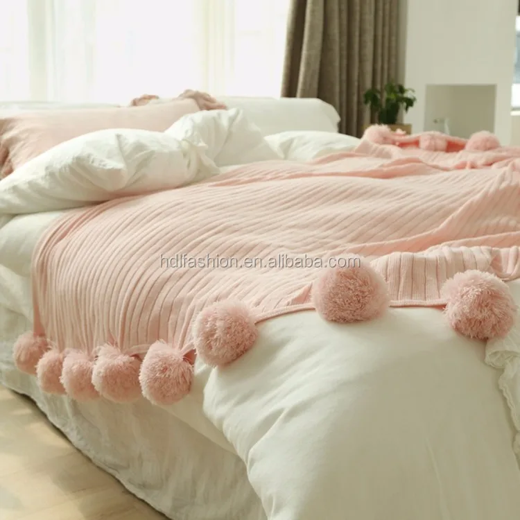 Home Design Cotton Fabric Knitted Blanket With Pom Pom Korean Blanket   HTB1HFuJPVXXXXaQaXXXq6xXFXXXE 