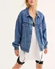 Slouchy turndown collar snap closures front denim trucker women jacket with drawstring waistband and pockets
