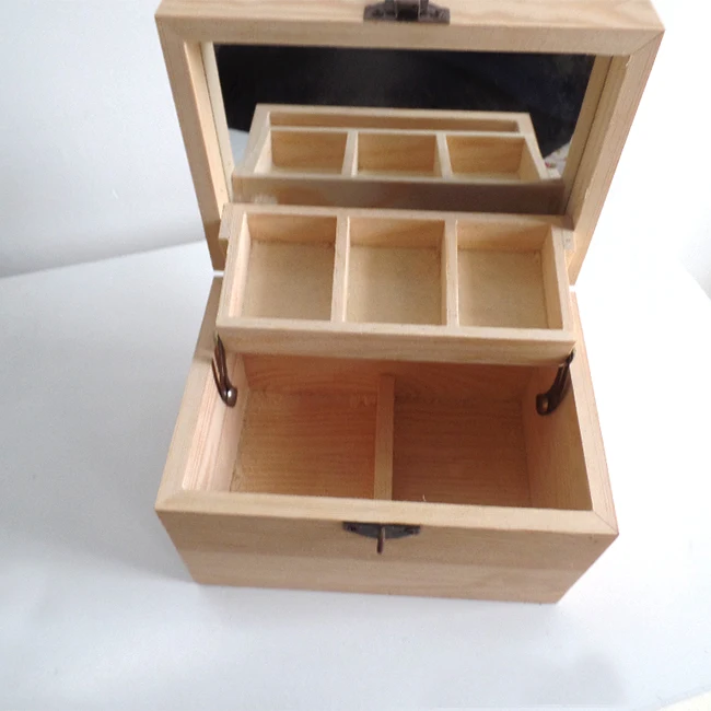 small wooden make up box with mirror