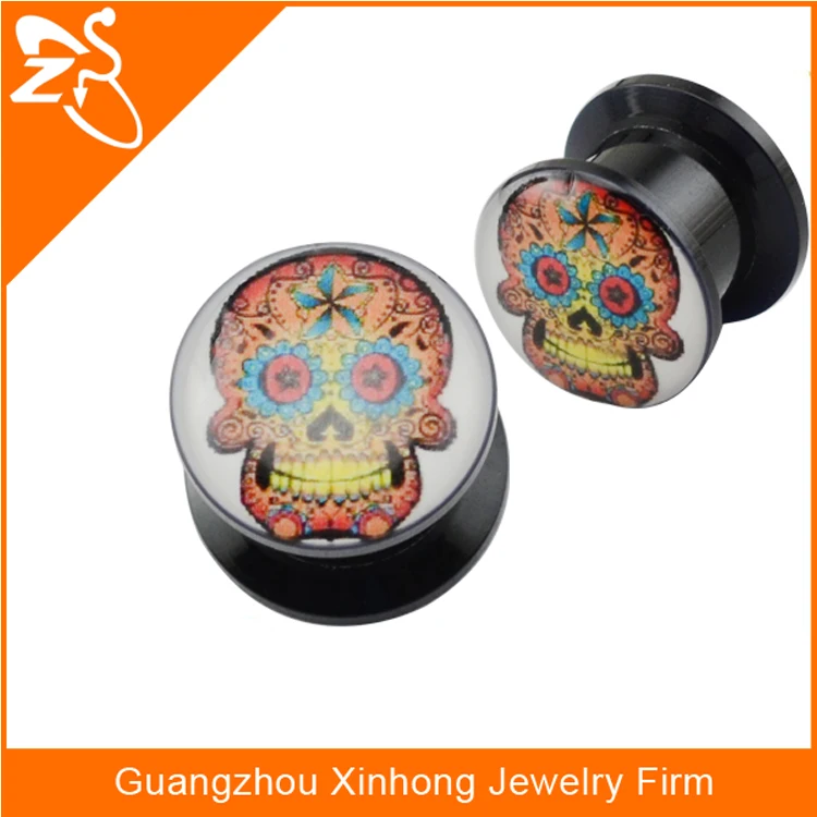 Acrylic Black Self Piercing Sleeper Skull Image Earrings Body Piercing