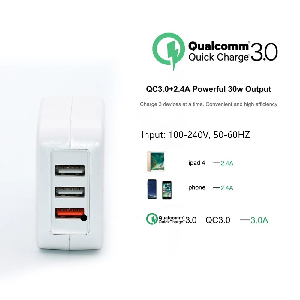 Qc3.0 Port And Dual 5v2.4a Usb Ports Portable 30w Power 3 Ports Wall