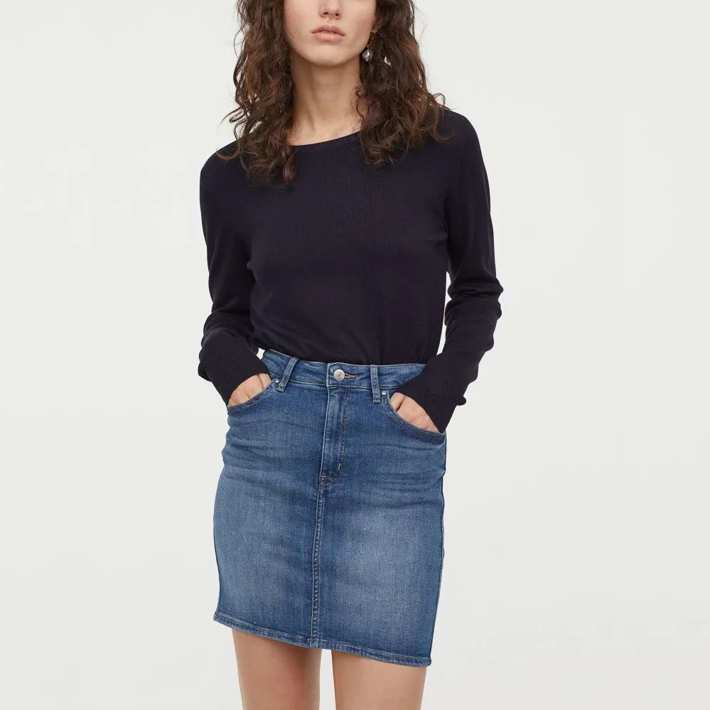 a-line fit classic blue wash short recycled cotton denim skirt