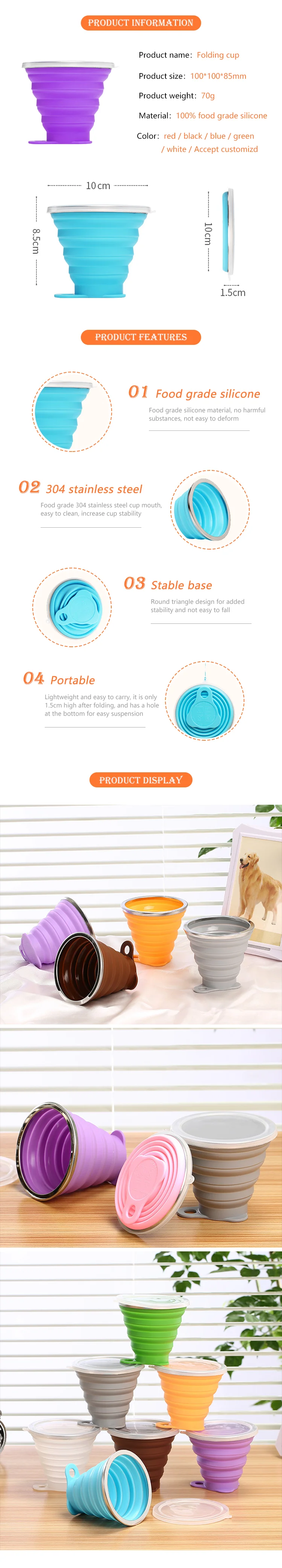 Portable Silicone Collapsible Travel Cup Silicone Folding Camping Cup with Lids