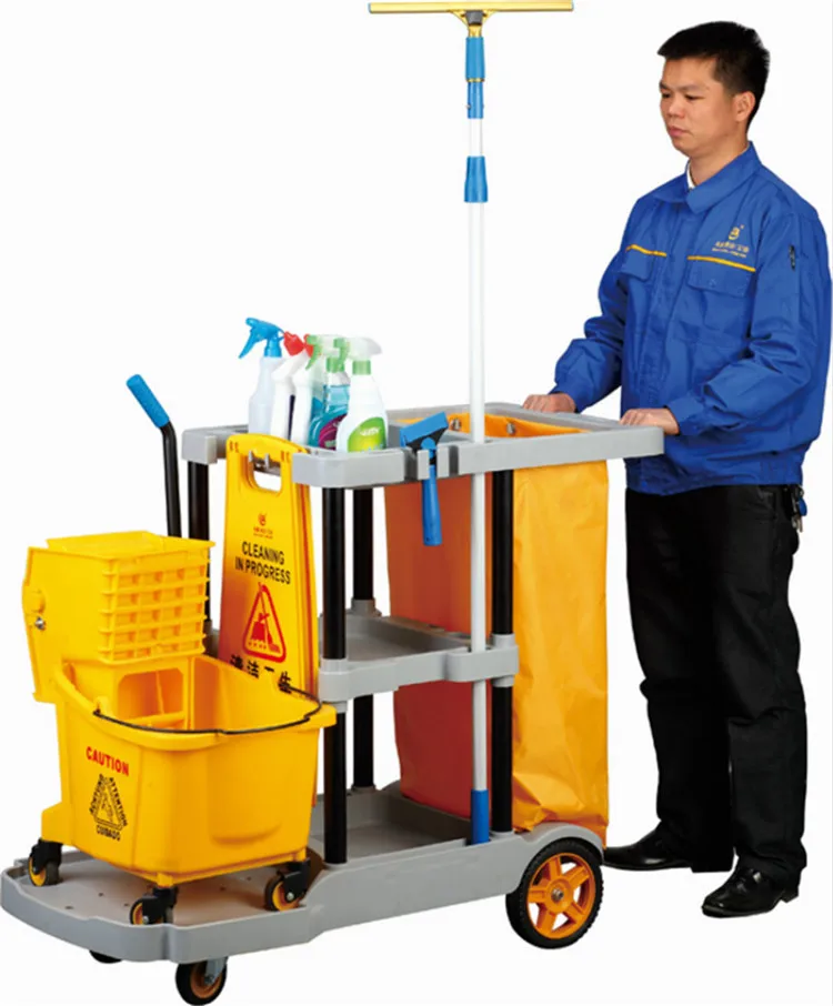 Housekeeping 3 Shelf Cleaning Mop Linen Utilty Cart Hotel Janitor Commercial 