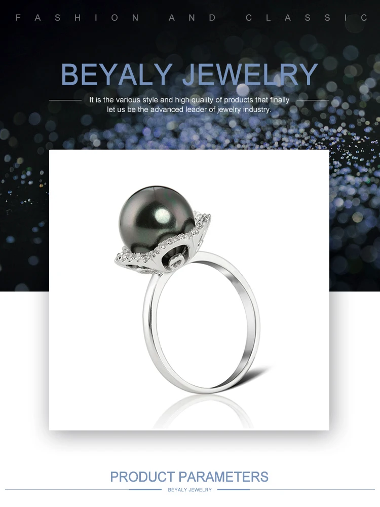 Flower design 925 sterling silver fashion black ring pearl