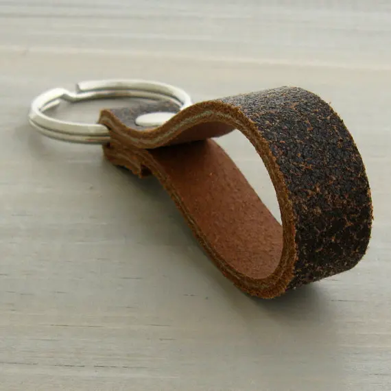 Rugged Brown Leather Keychain,Handmade Durable Men's Leather Key Fob