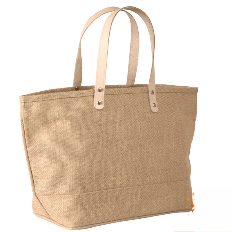 Custom Large Jute Burlap Hemp Tote Shopping Beach Bag With Pu Leather ...