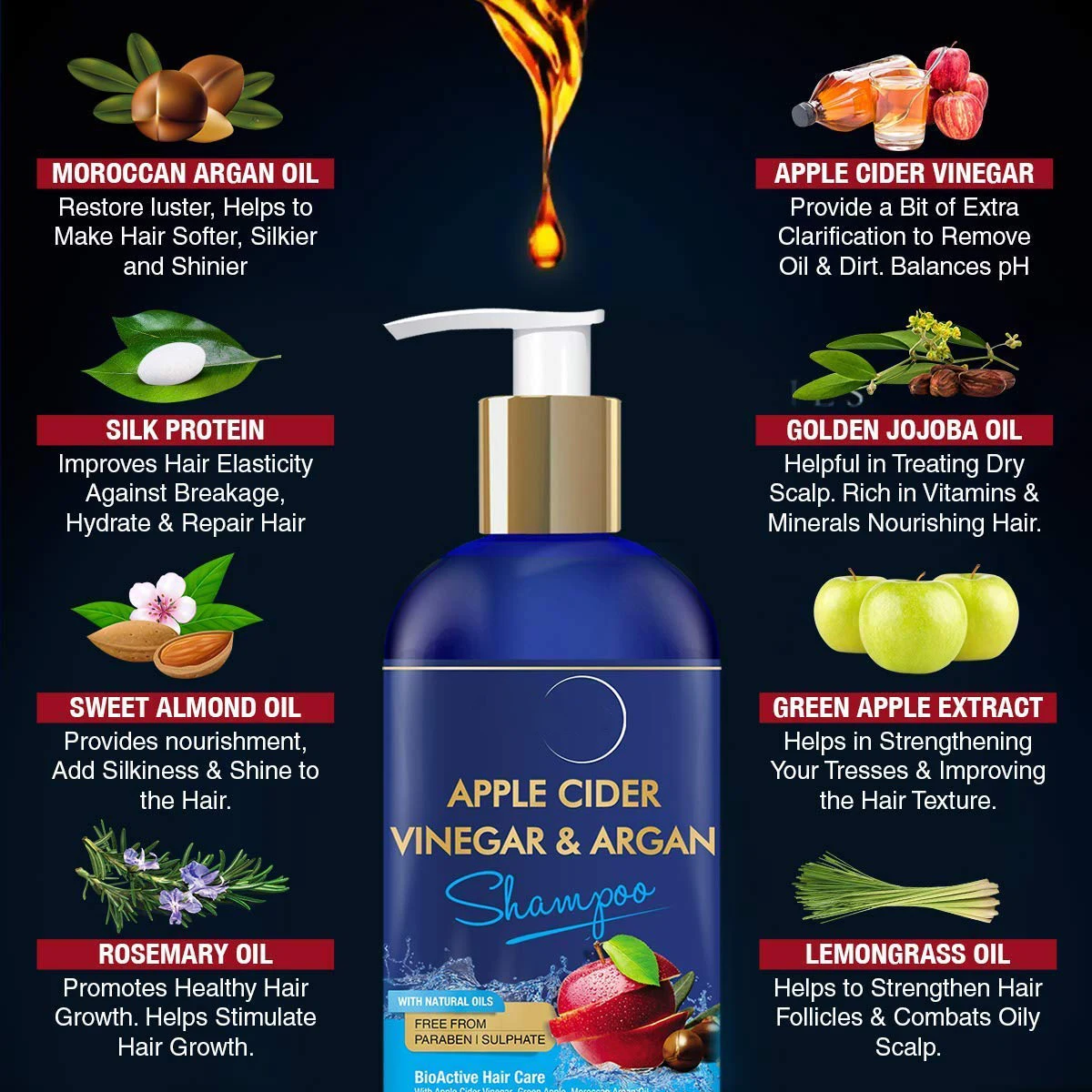 2019 Newest Apple Cider Vinegar & Argan Oil Hair Shampoo With Free