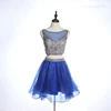 Blue A-line crop top women party skirt knee length two piece prom dress