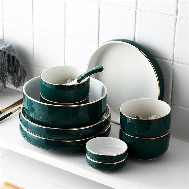 Italian style jasper green luxury gold rim ceramic dinnerware set for restaurant 