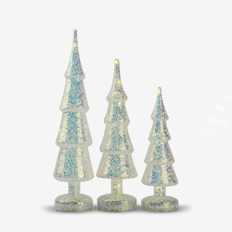 set 3 blown led christmas glass tree with glitters inisde factory direct sale supplier