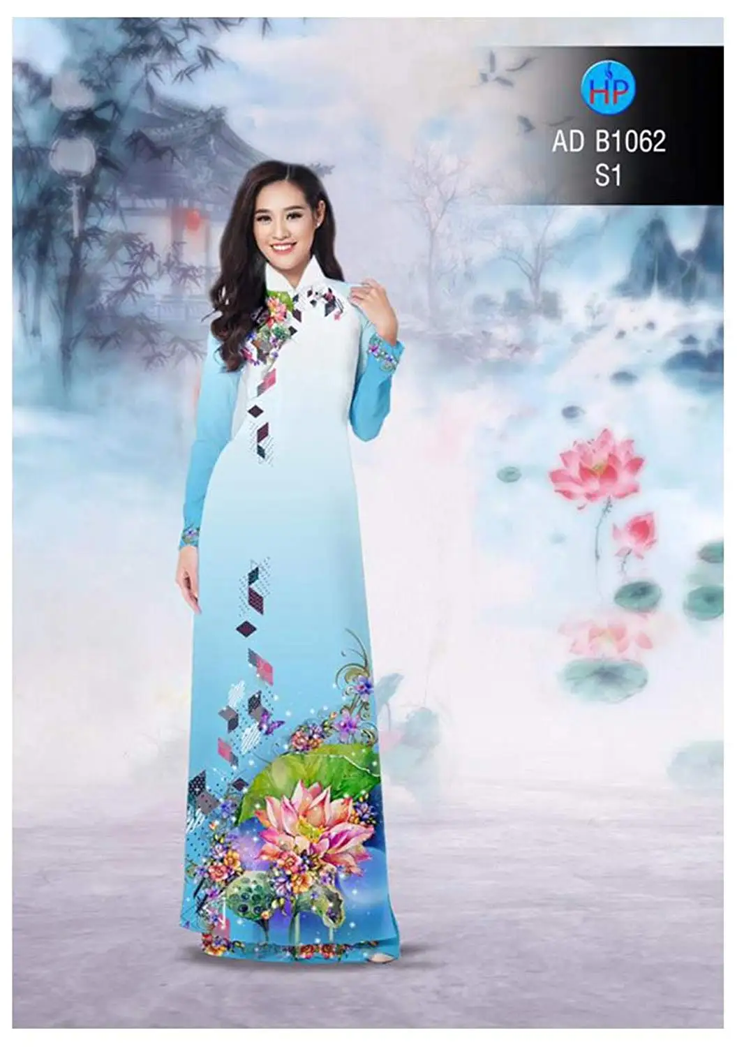 Ao Dai Traditional Vietnamese Long Dress Collections with Pants Silk 3D ADVN05052061