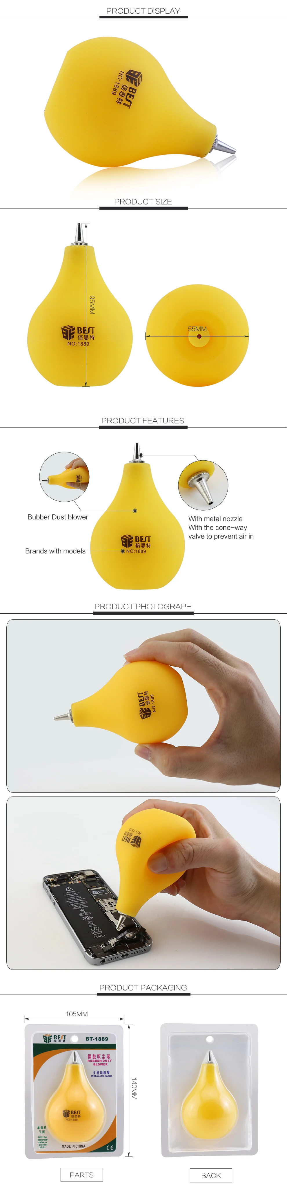 BEST 1889 Portable Types of Air Blower Rubber Dust Blowing Ball for Cell Phone Repair Tool