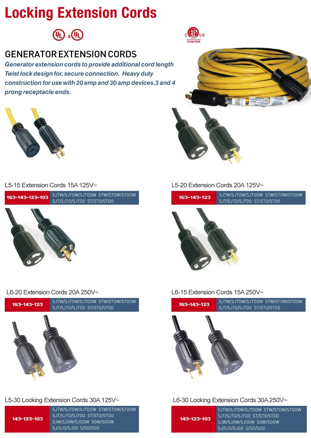 L630 3 Prong,30 Amp,250 Volt Twist Locking Extension Cord,10 Gauge
