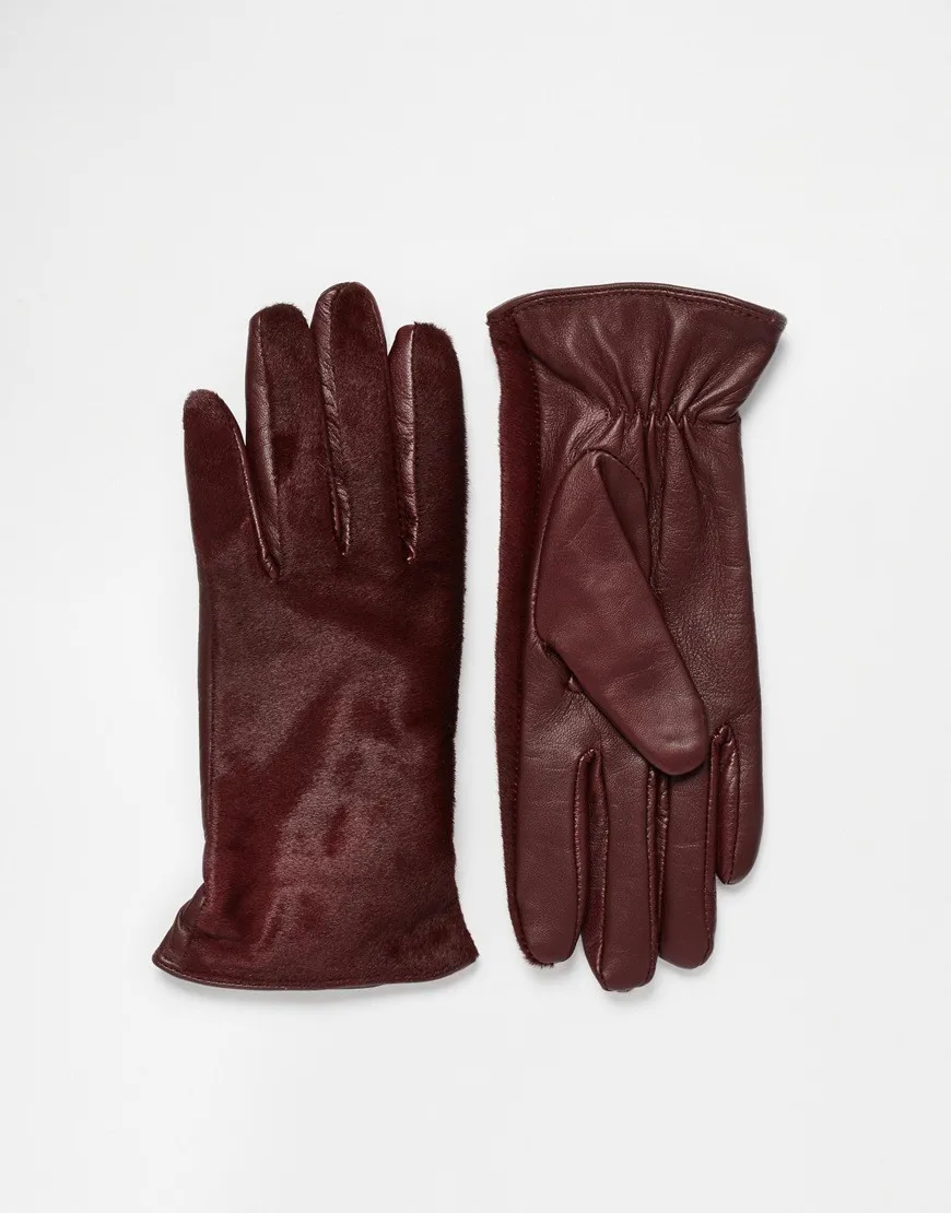 Ladies dark red Whistles Pony Front Leather Gloves