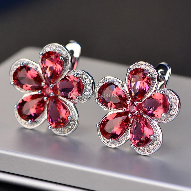 Joacii Plum Blossom Design Ruby Stone Zirconia S925 Silver Clip-on Earrings