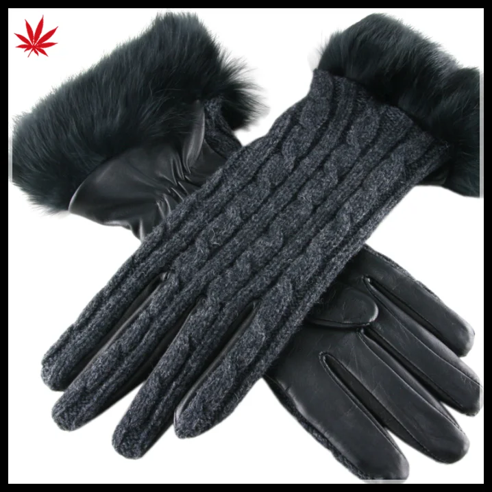 lady's fashion knitting splicing black leather gloves with fur