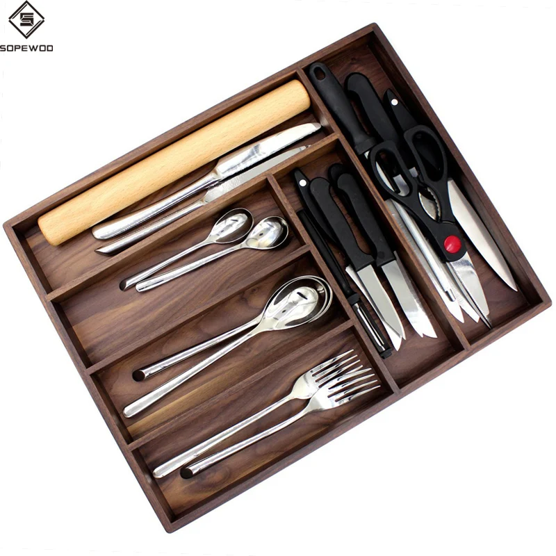 Wholesale Premium Durable Kitchen Drawer Walnut Wooden Cutlery Tray