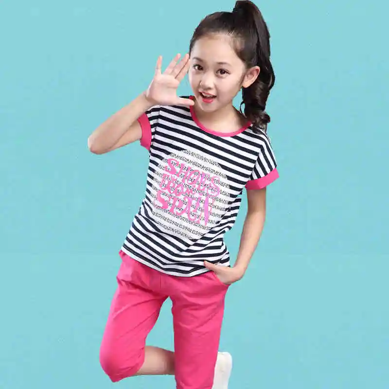 2016 summer children sets sports uniform striped short sleeved girls sets for big kids clothing girl