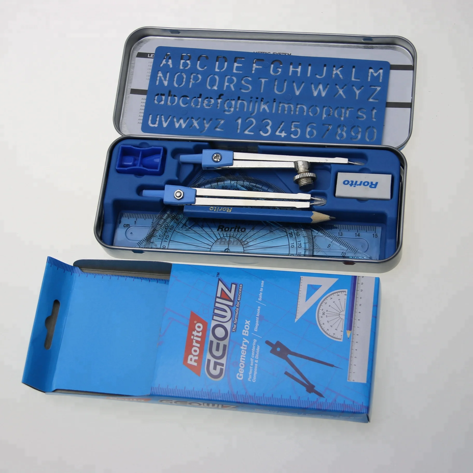 10 pcs geometry box compass set with abc stencil