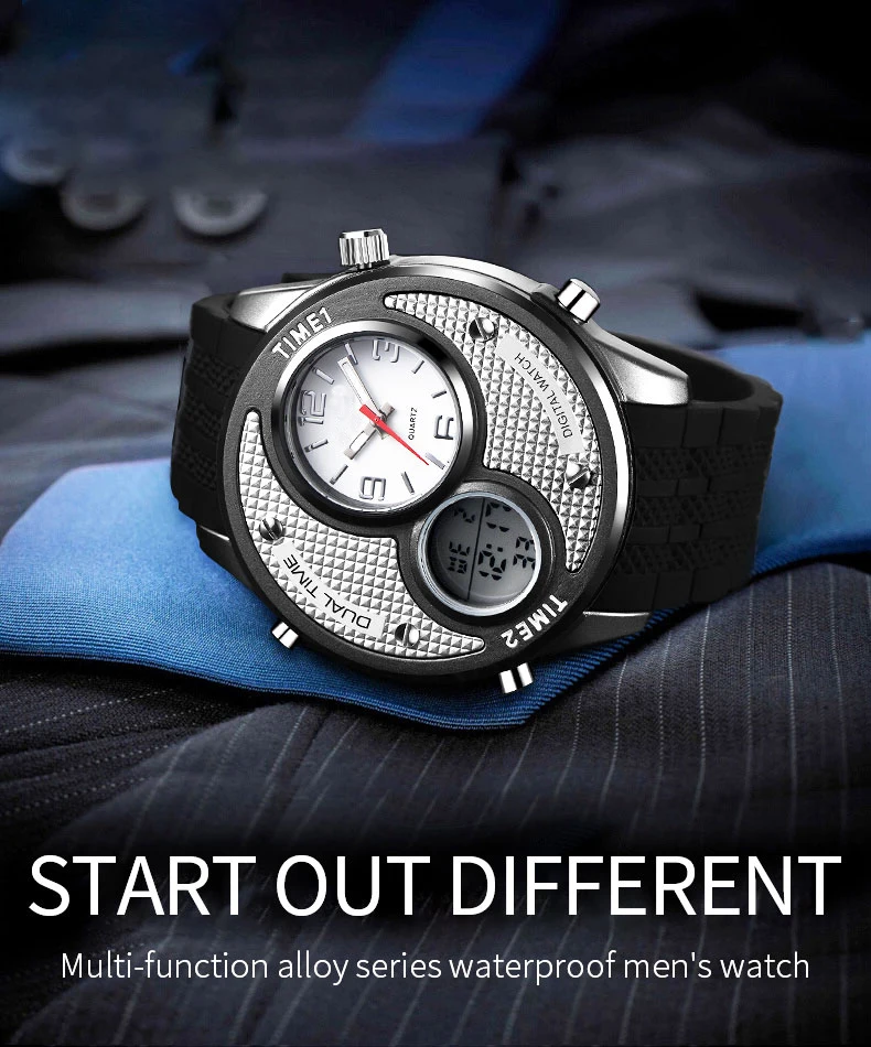 Mens Custom Logo Watch Dual Movements Silicone Strap 3atm Water