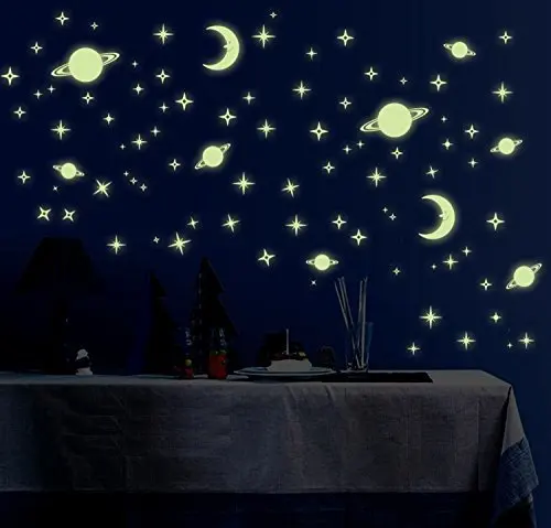 glow-in-the-dark decal set,SKYLOVE Removable DIY Creative Night Luminous Stars Moon Fluorescent Wall Stickers Wall Decals Toy Games for Kids Bedroom Glow In The Dark Star Wallpapers,3-Pack (Planet)