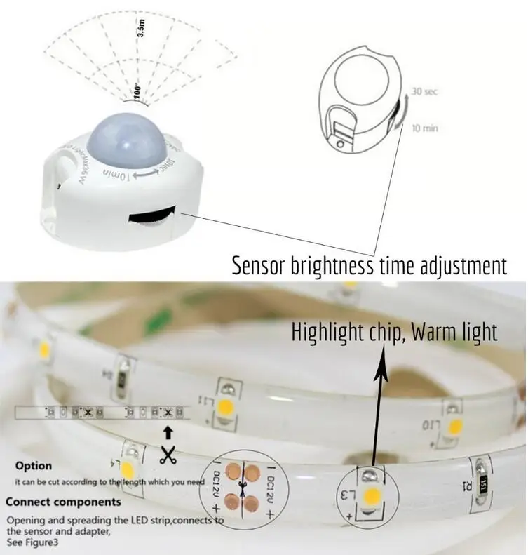 Sensitive Motion Sensor 1.5M LED Strips DC12V Under Bed Night Light