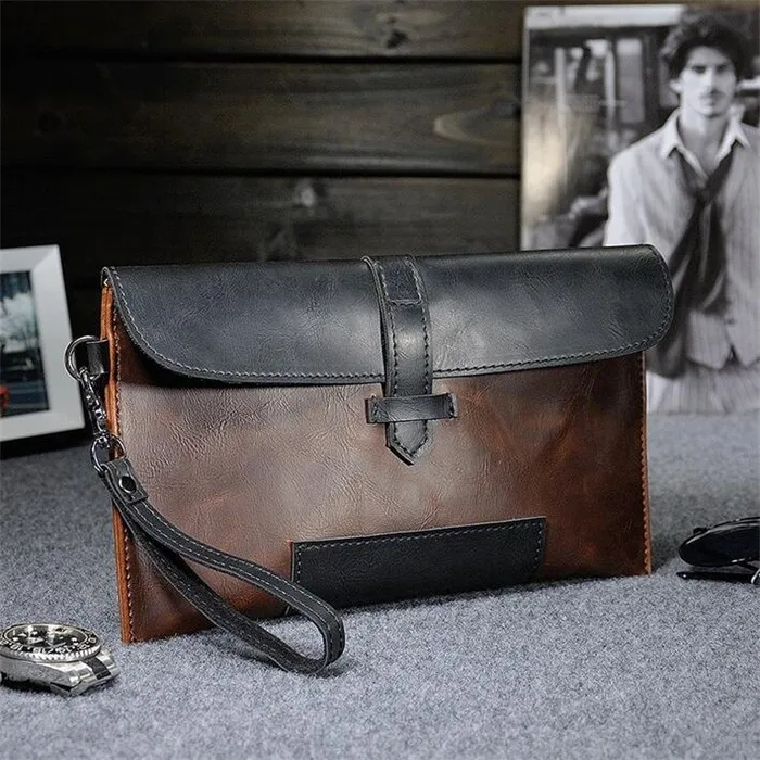 Wholesale  personality design vintage crazy horse leather wristlet handbag men's clutch bag