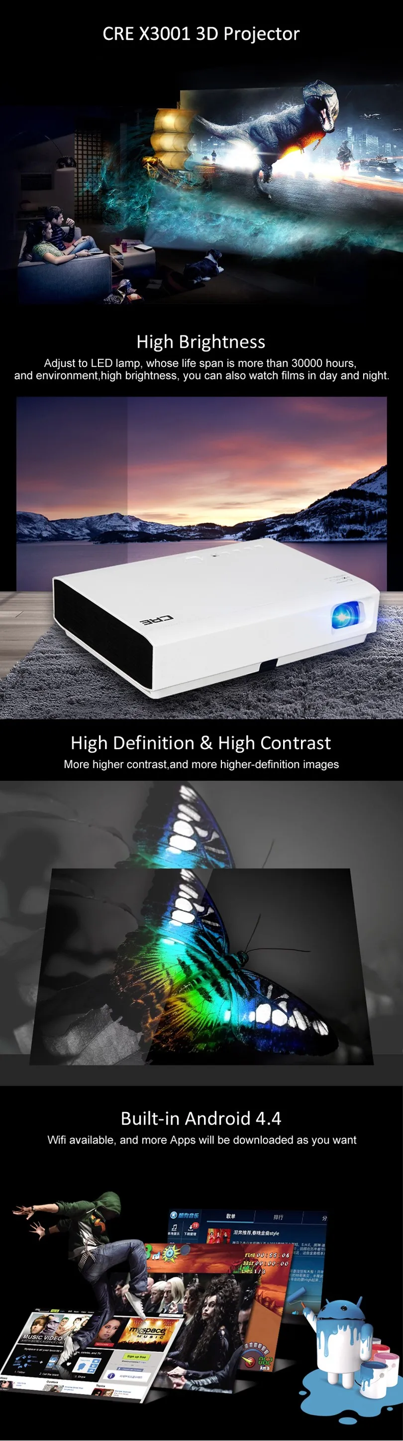 Fashionable Screen Free TV DLP Projector with bright 3000lumen,1280*800 support 1080P 3D projector with 3LED&dlp projector goodee projector
